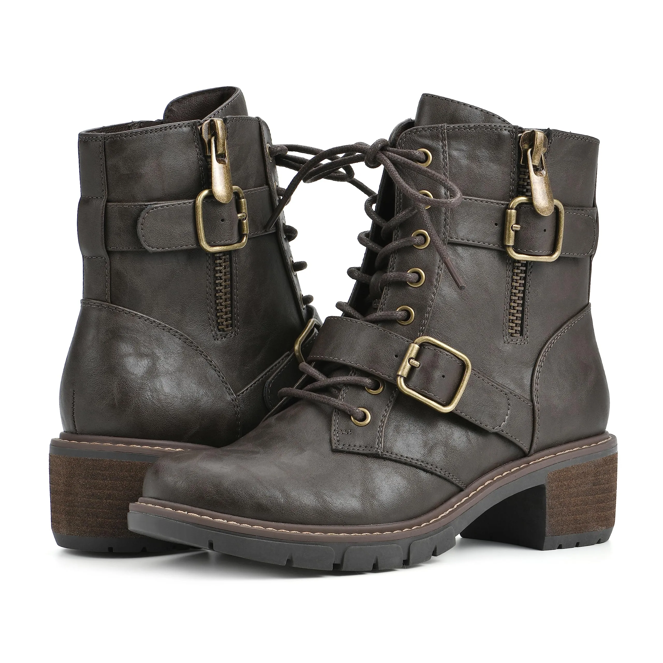 WHITE MOUNTAIN Women's Shoes Crank Block Heel Moto Boot, Dk.Brown/Smooth, 6 M