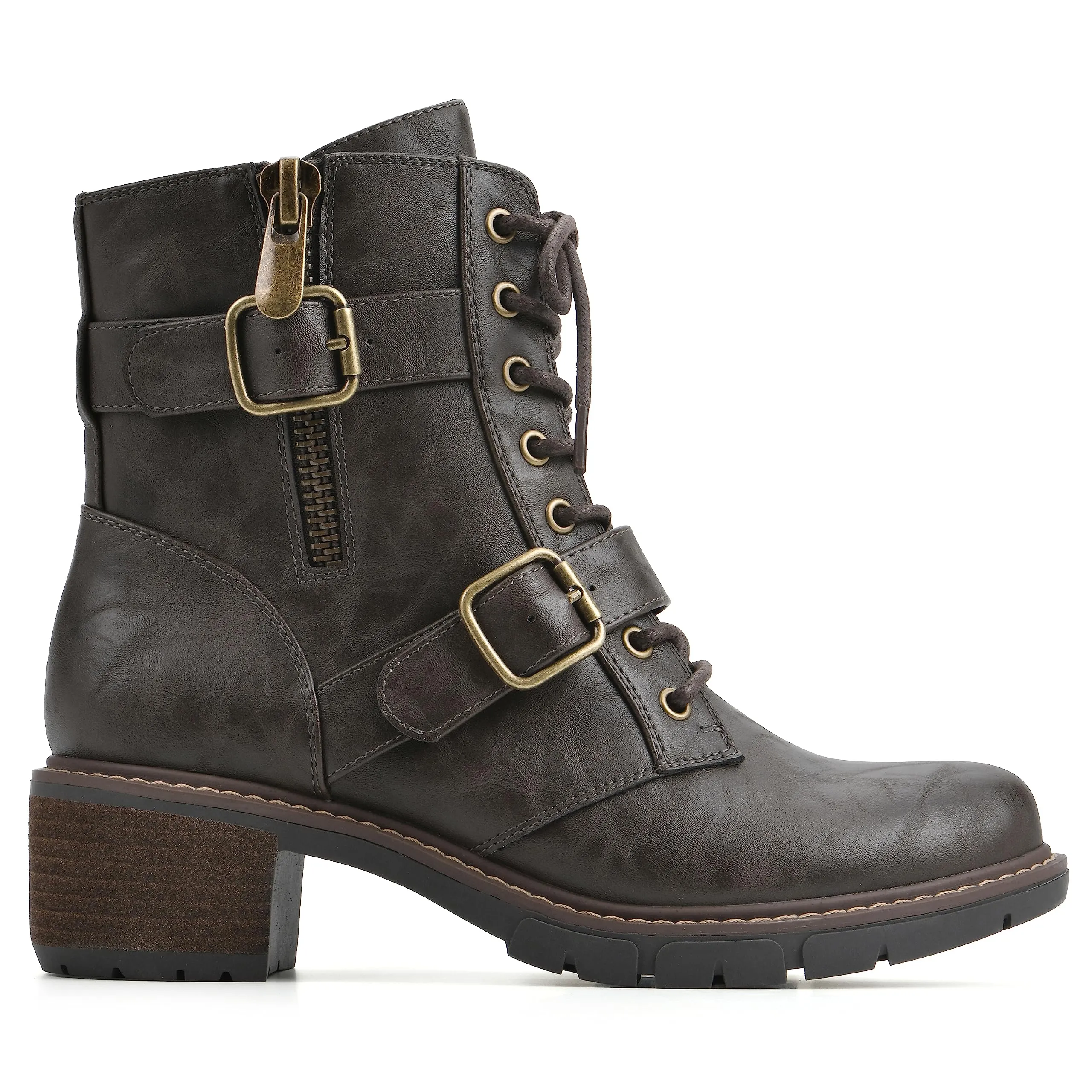WHITE MOUNTAIN Women's Shoes Crank Block Heel Moto Boot, Dk.Brown/Smooth, 6 M