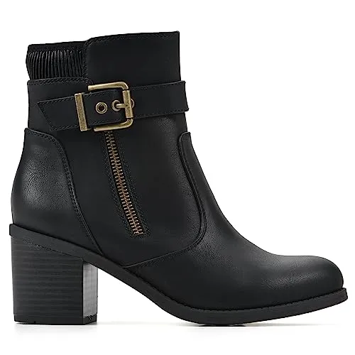 WHITE MOUNTAIN Women's Shoes Dessert Block Heel Bootie, Black/Smooth, 9 M