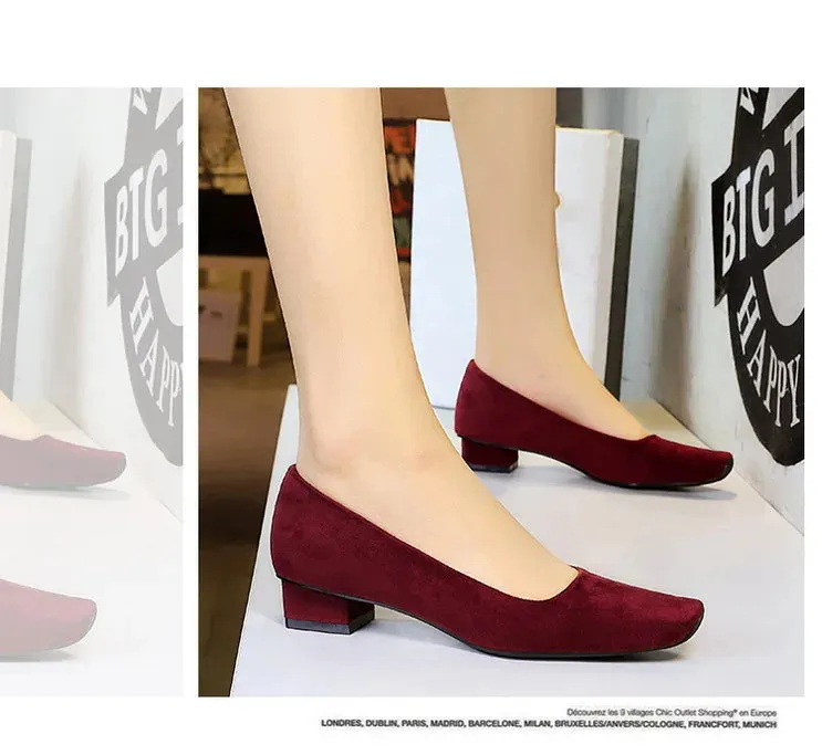 Women Fashion Style Quality Square Toe Low Heel Pumps Lady Prom Suede Shallow Mouth Thick High OL Single Shoes