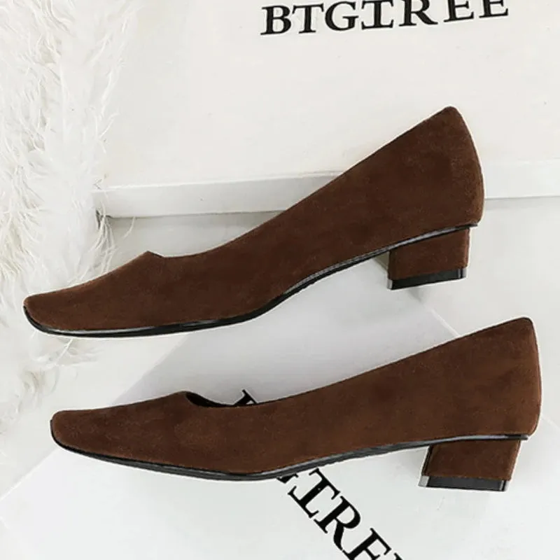 Women Fashion Style Quality Square Toe Low Heel Pumps Lady Prom Suede Shallow Mouth Thick High OL Single Shoes
