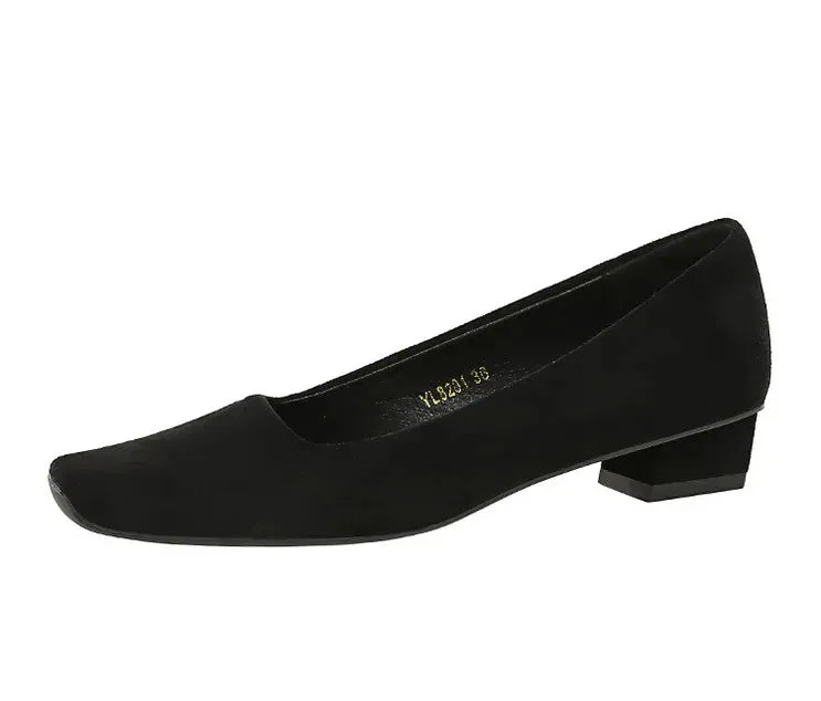 Women Fashion Style Quality Square Toe Low Heel Pumps Lady Prom Suede Shallow Mouth Thick High OL Single Shoes