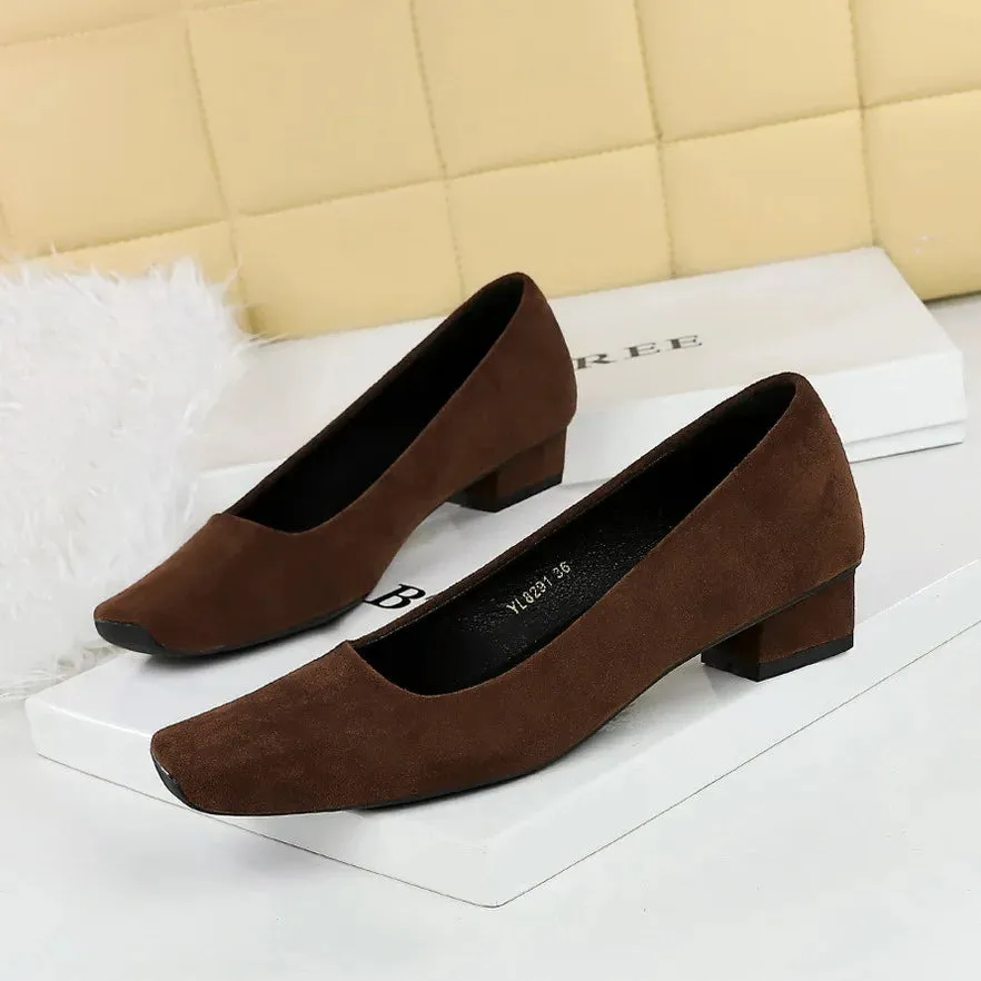 Women Fashion Style Quality Square Toe Low Heel Pumps Lady Prom Suede Shallow Mouth Thick High OL Single Shoes