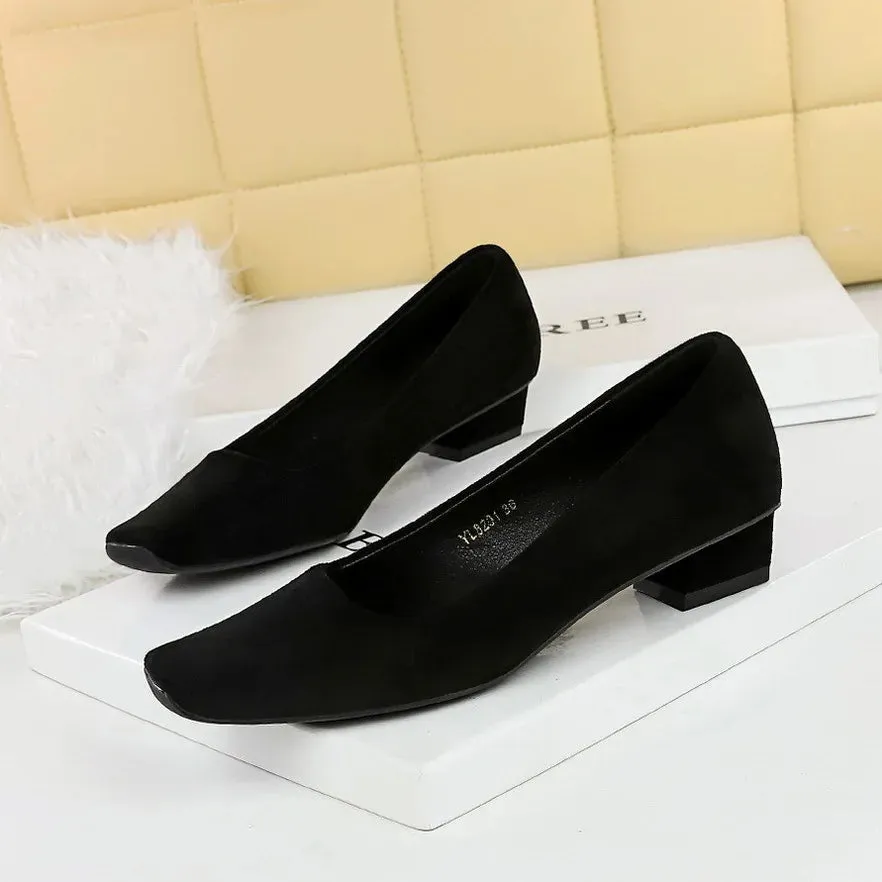 Women Fashion Style Quality Square Toe Low Heel Pumps Lady Prom Suede Shallow Mouth Thick High OL Single Shoes