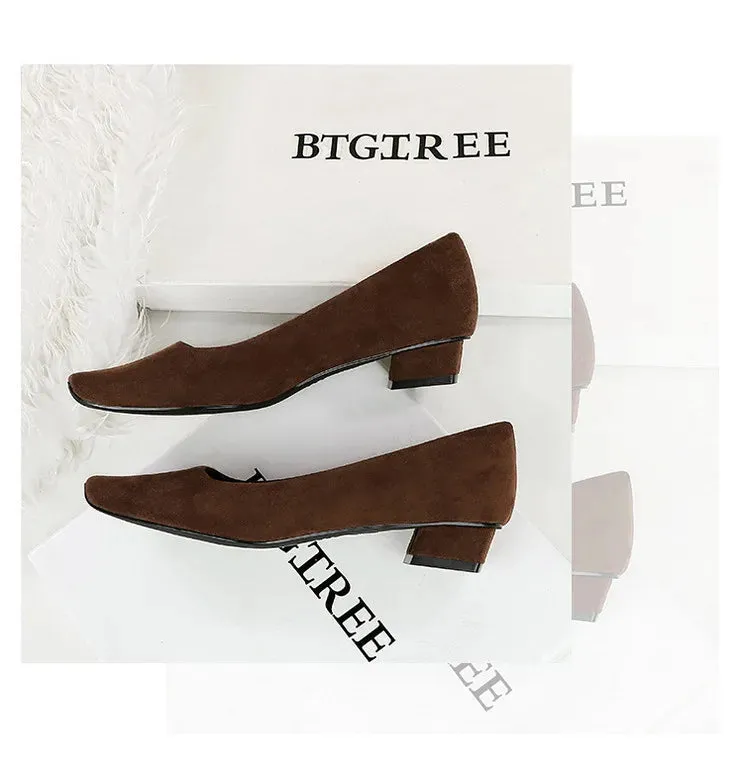 Women Fashion Style Quality Square Toe Low Heel Pumps Lady Prom Suede Shallow Mouth Thick High OL Single Shoes