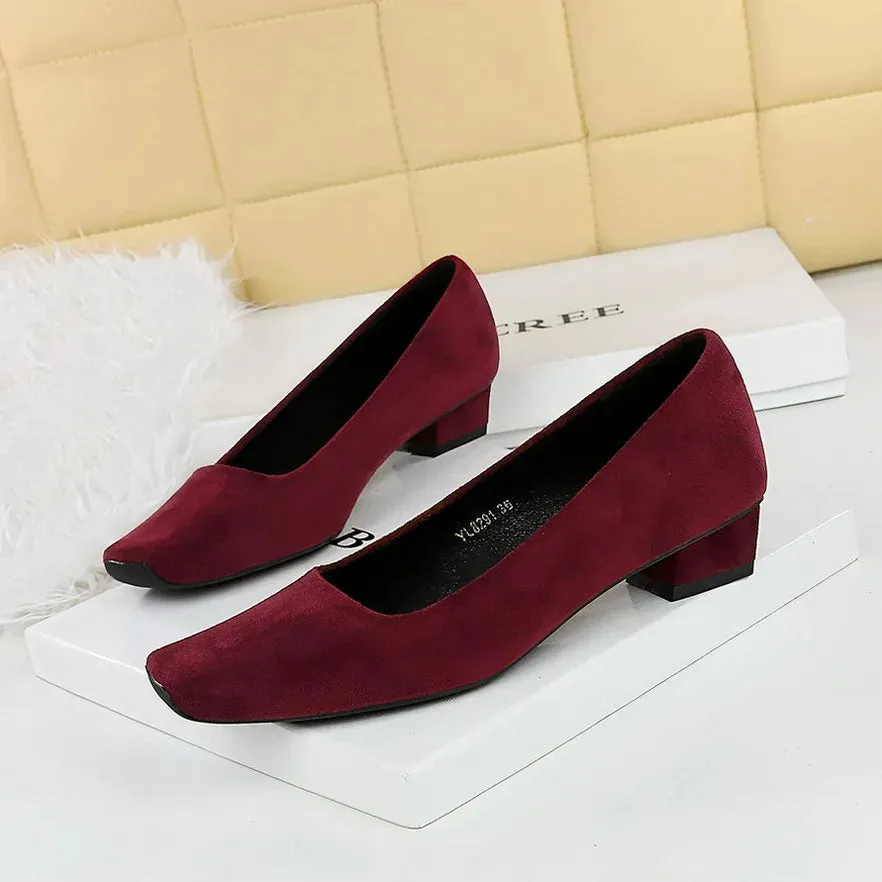 Women Fashion Style Quality Square Toe Low Heel Pumps Lady Prom Suede Shallow Mouth Thick High OL Single Shoes