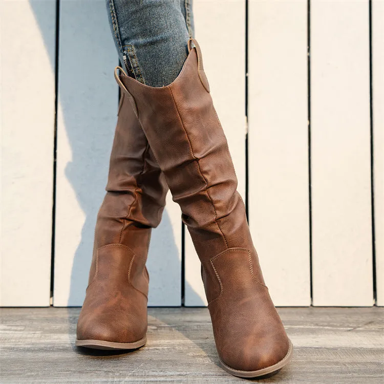 Women's Classic Style Smooth Brown Leather Cowgirl Boots