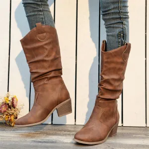 Women's Classic Style Smooth Brown Leather Cowgirl Boots