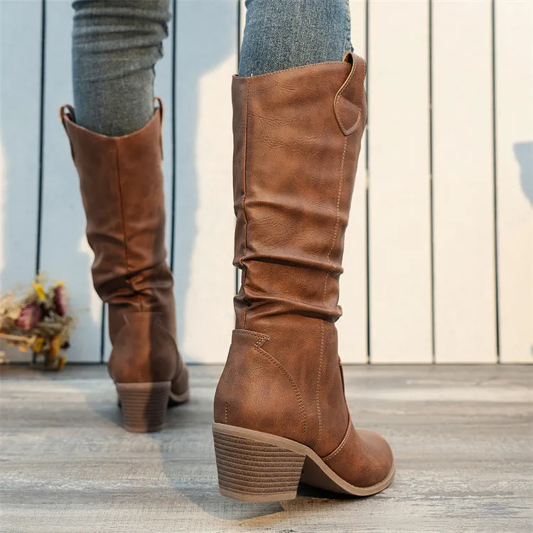 Women's Classic Style Smooth Brown Leather Cowgirl Boots