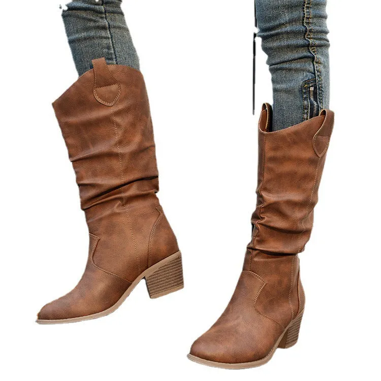 Women's Classic Style Smooth Brown Leather Cowgirl Boots