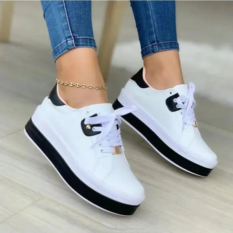 Women's Vulcanized Shoes Sports Shoes 2022 Outdoor Platform Shoes Female Casual PU Fashion Lace-Up Sneakers Women Wedge Flats
