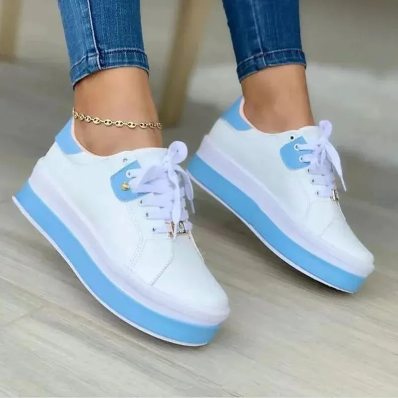 Women's Vulcanized Shoes Sports Shoes 2022 Outdoor Platform Shoes Female Casual PU Fashion Lace-Up Sneakers Women Wedge Flats